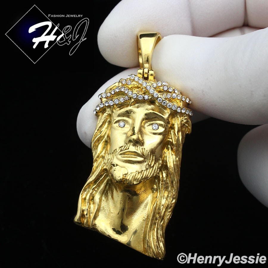 20″MEN Stainless Steel 5mm Gold Plated Cuban Necklace ICY CZ Jesus Pendant*GP133