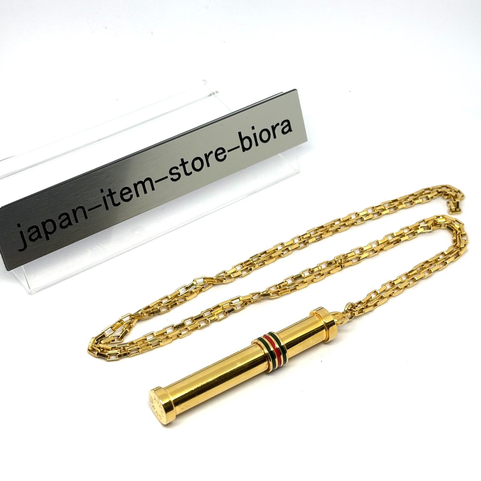 Gucci Vintage Sherry Line Perfume Bottle Necklace Web Stripe Green Red Gold