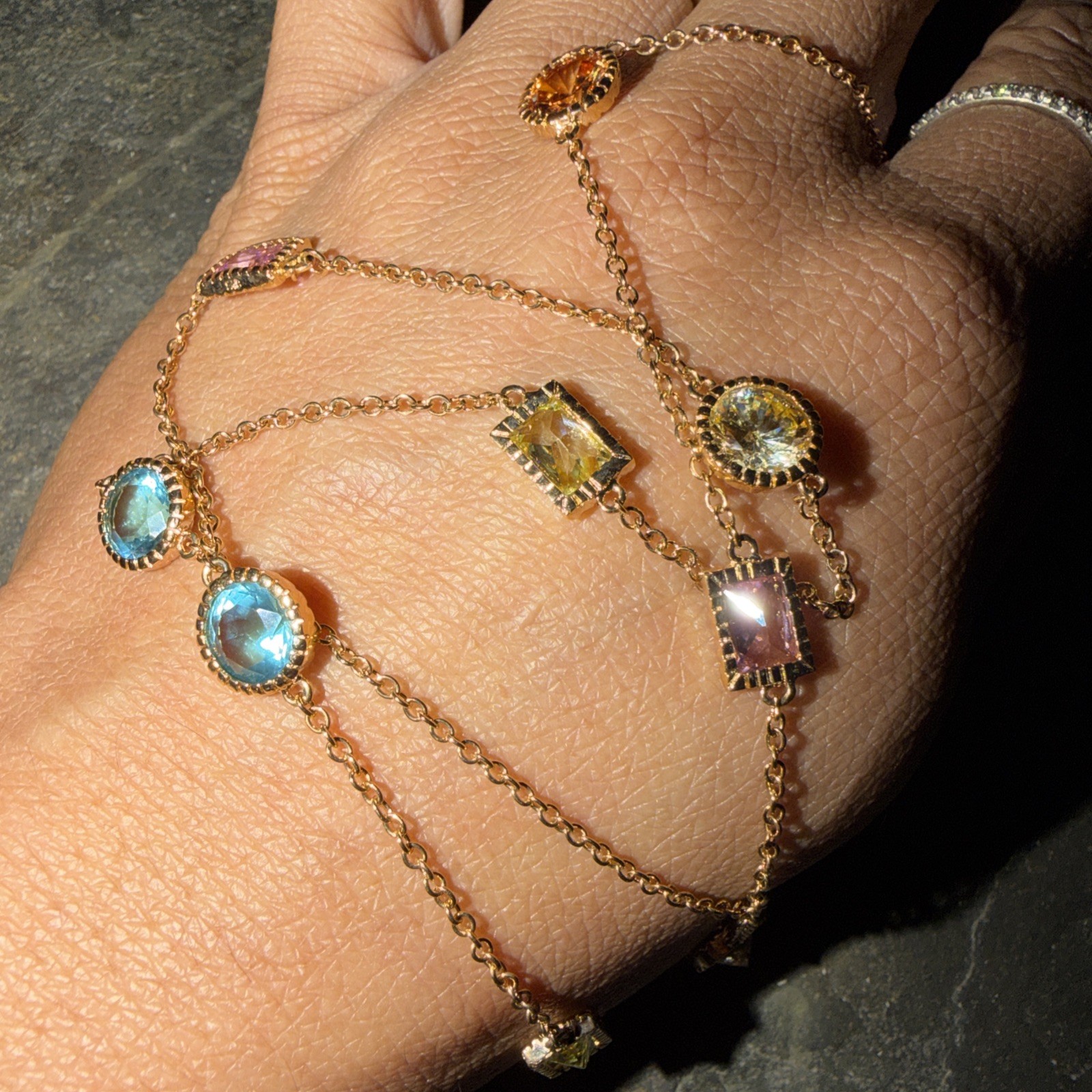 Gold Tone Station Necklace Multi Color Crystal Stations Purple Green Blue Clear