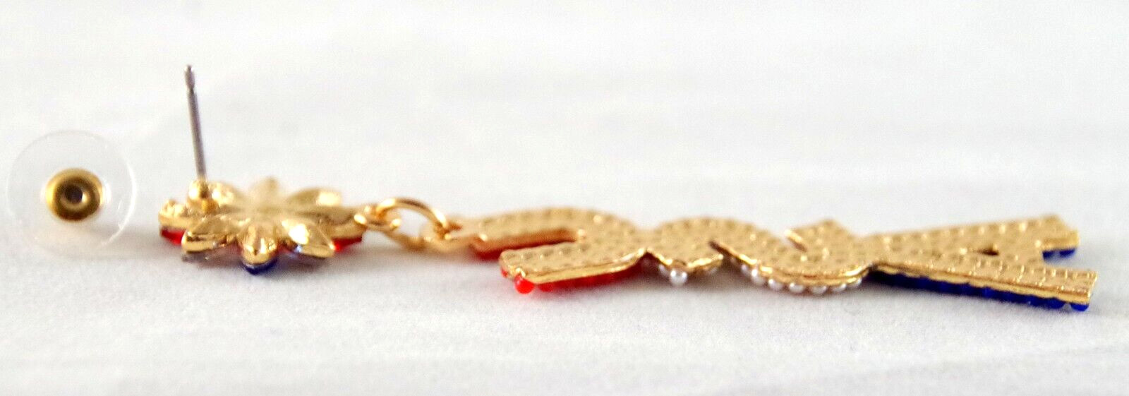 3″ BETSEY JOHNSON PATRIOTIC USA RED WHITE & BLUE RHINESTONE DROP DANGLE EARRINGS