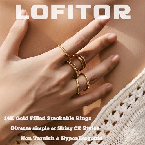 6PCS Stackable Gold Rings for Women Non Tarnish Trendy Dainty 9 Elegant Style