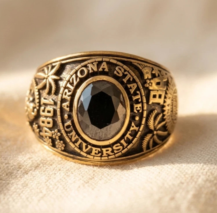 Vintage University Class Ring 1984 Gold Tone Black Stone Custom High School Ring