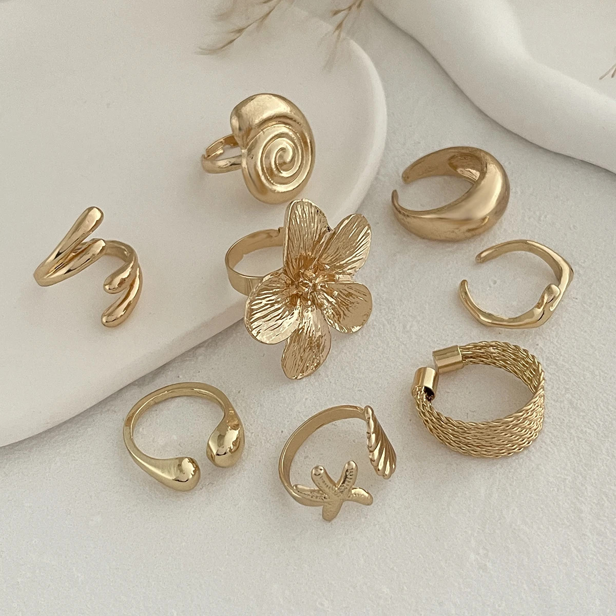 Intage Metal Flower Water Drop Open Rings Geometric Daily Jewelry Gift for Women