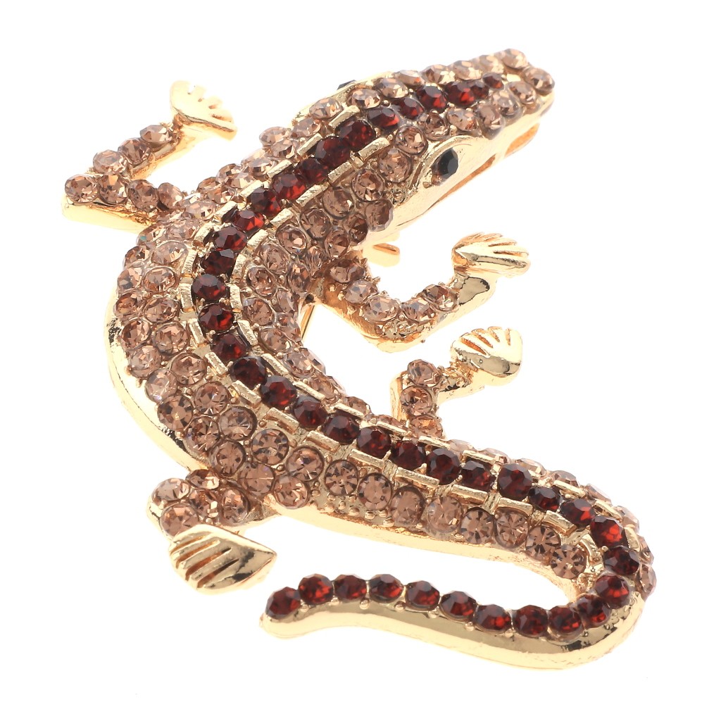 Gold Tone Alloy Metal Medium Size Crystal Rhinestone Alligator Brooch P1581-BRN