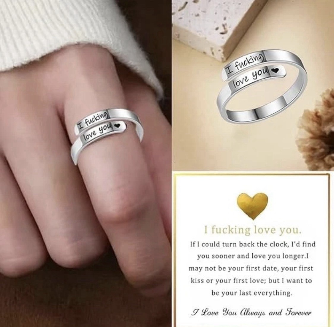 I F♡Cking Love You Ring for Women, Hope Rings Adjustable Stainless Steel Silver