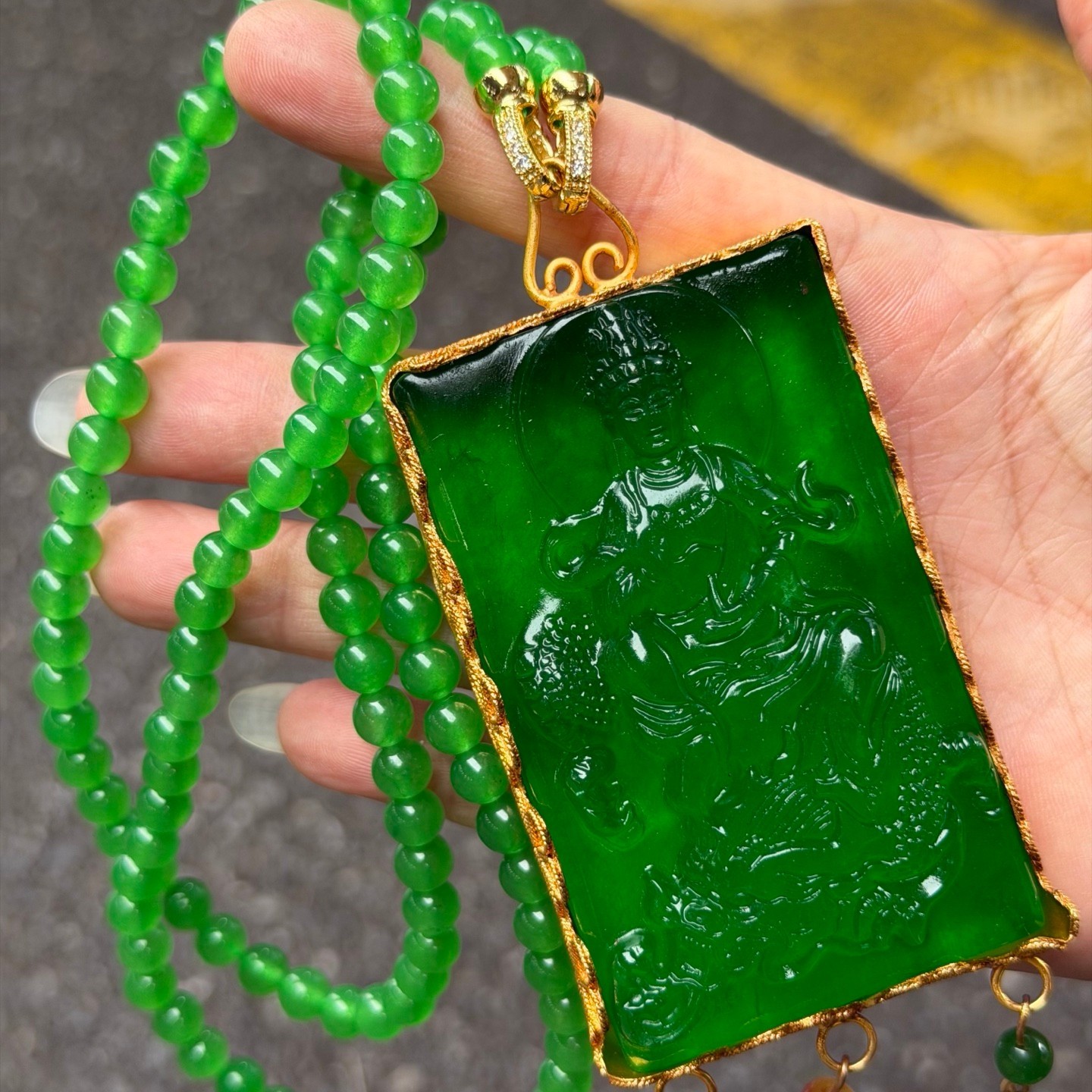 Natural ice inlay Green Jade Jadeite Dragon Kwanyin Pendant&Necklace 鎏金乘龙观音
