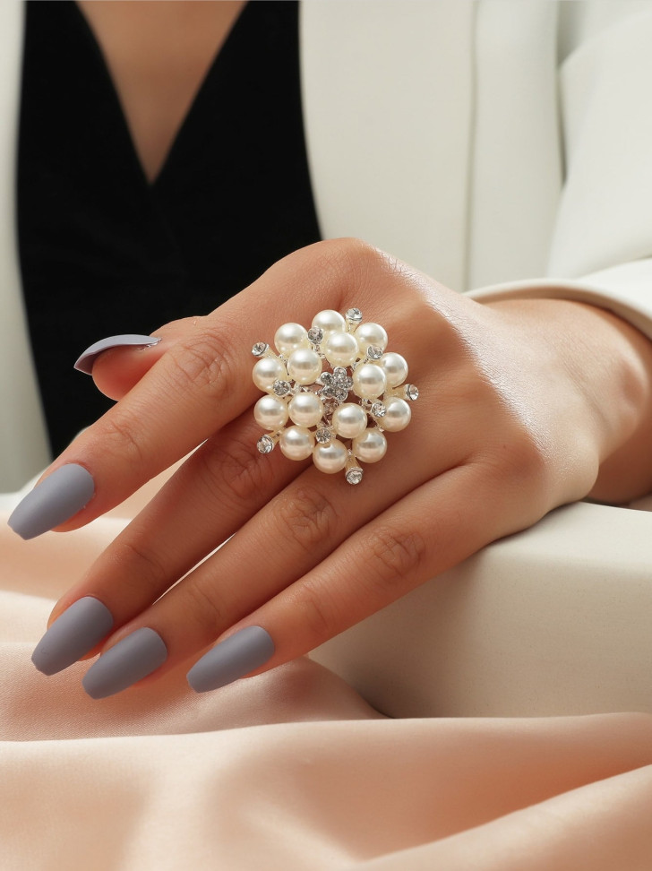 Women Faux Pearl Cluster Rhinestone Flower Statement Cocktail Ring Silver Tone