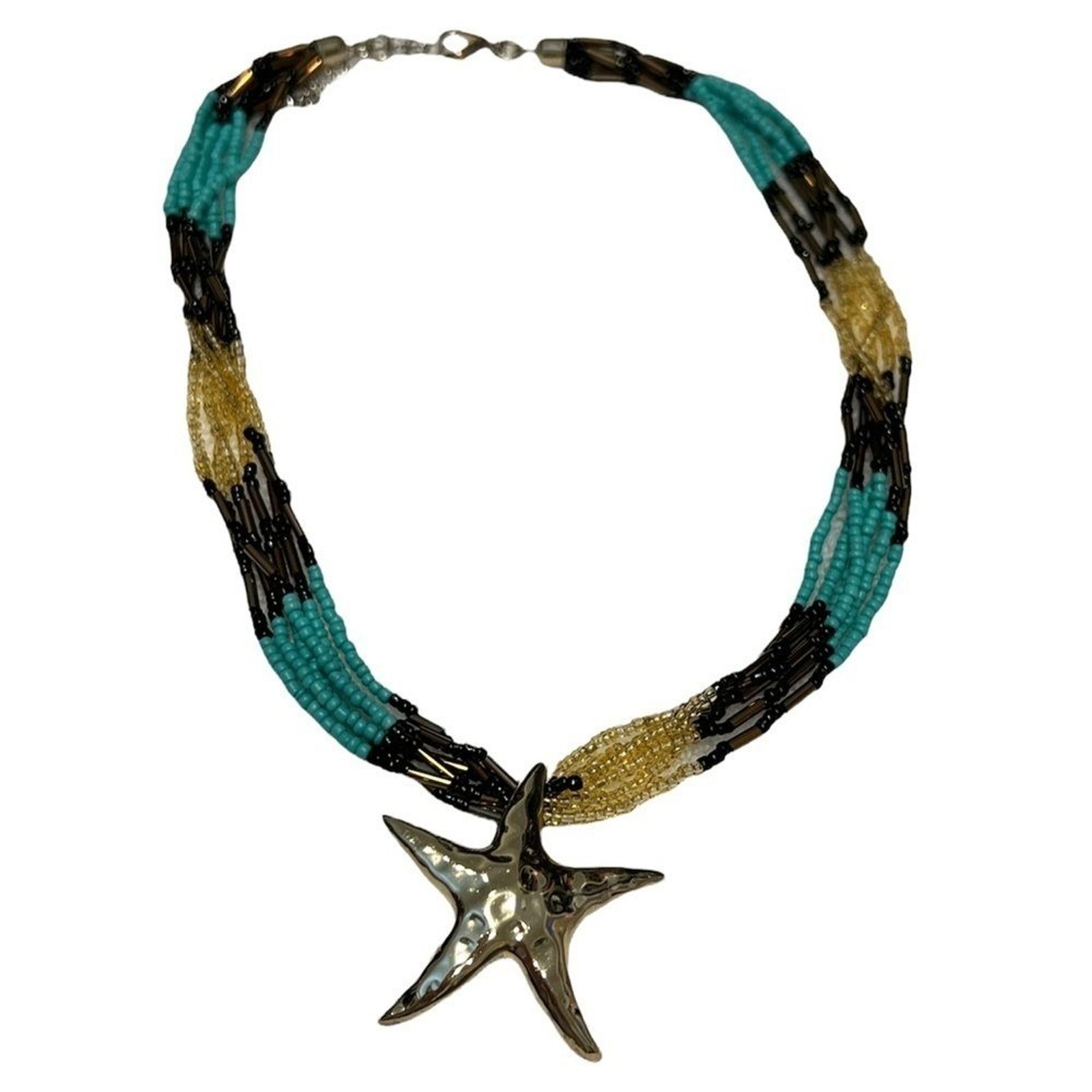 Starfish boho indie beaded summer necklace gold blue black with gold pendant!