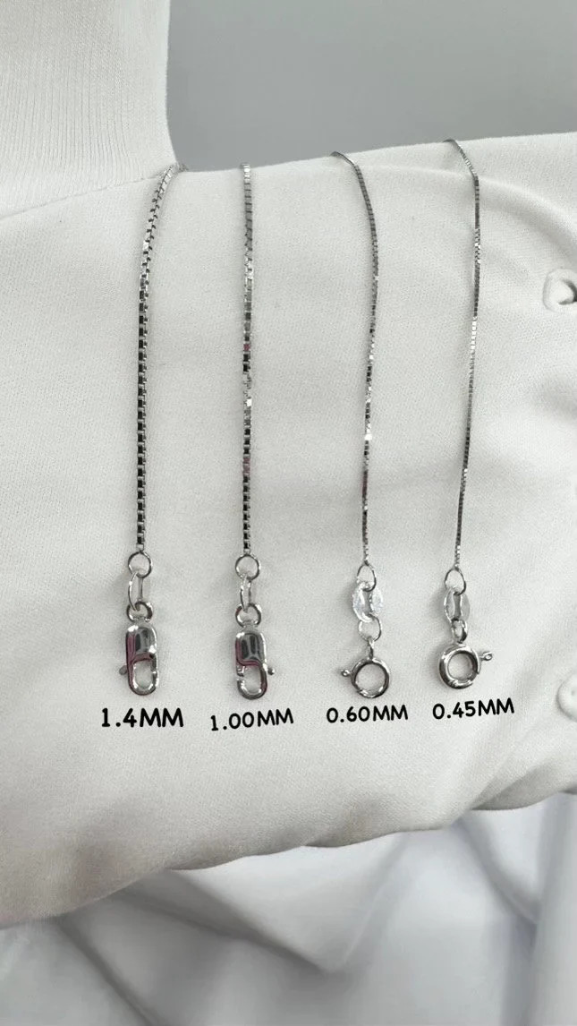 10K Solid White Gold Box Chain Necklace, 0.5mm To 1.0mm Wide