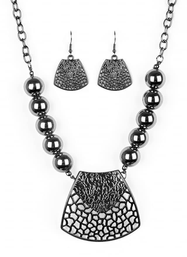 Silver Tone Beaded Chain Textured Pendant Necklace & Dangle Earrings Set
