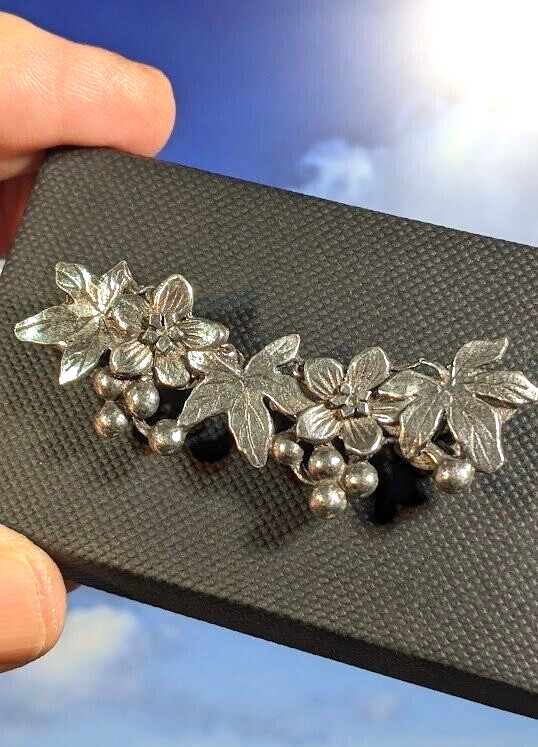 Vintage MASJ Silver Scenes Floral Brooch, Maureen Anne Storey Jones in Box. 62mm