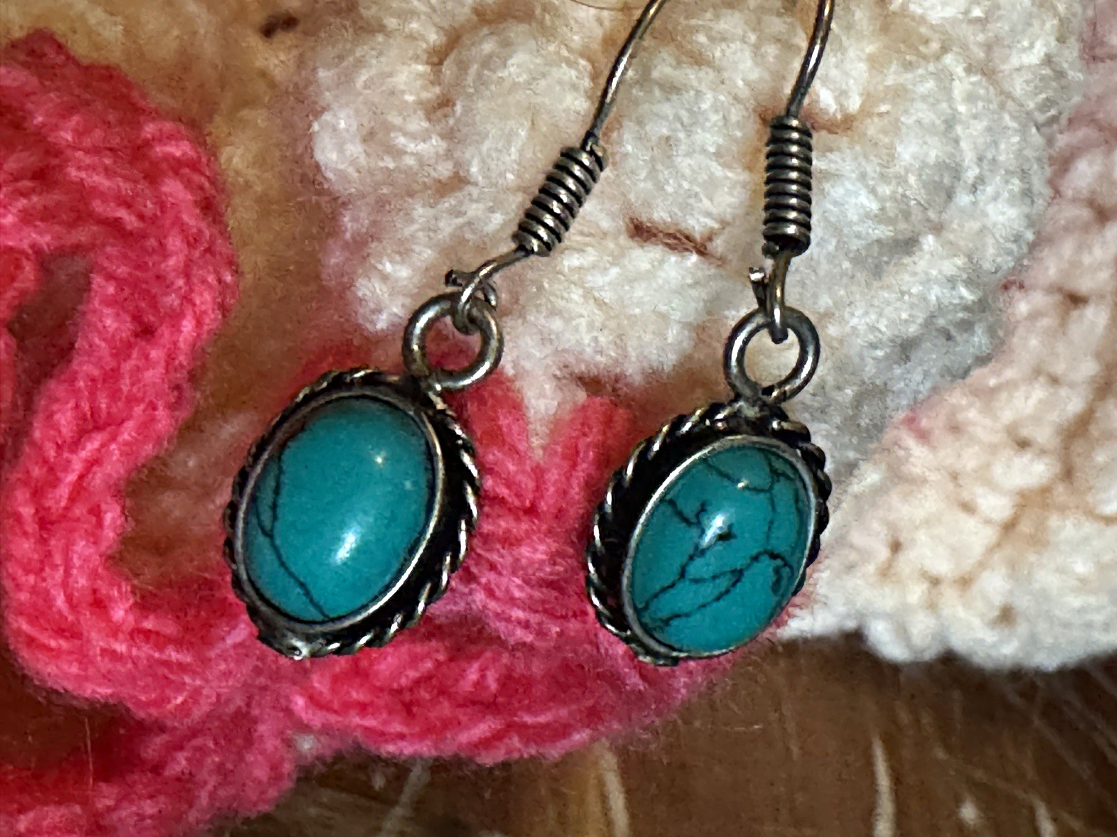 Silver Tone Oval Blue Turquoise Cabochon Bezel Set Dangle Hook Earrings 1.5 in