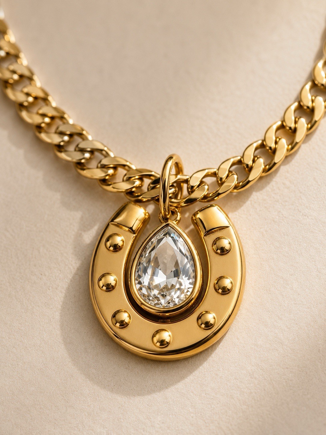 18k Gold Plated Curb Link Chain Horseshoe Pendant Necklace Teardrop Crystal