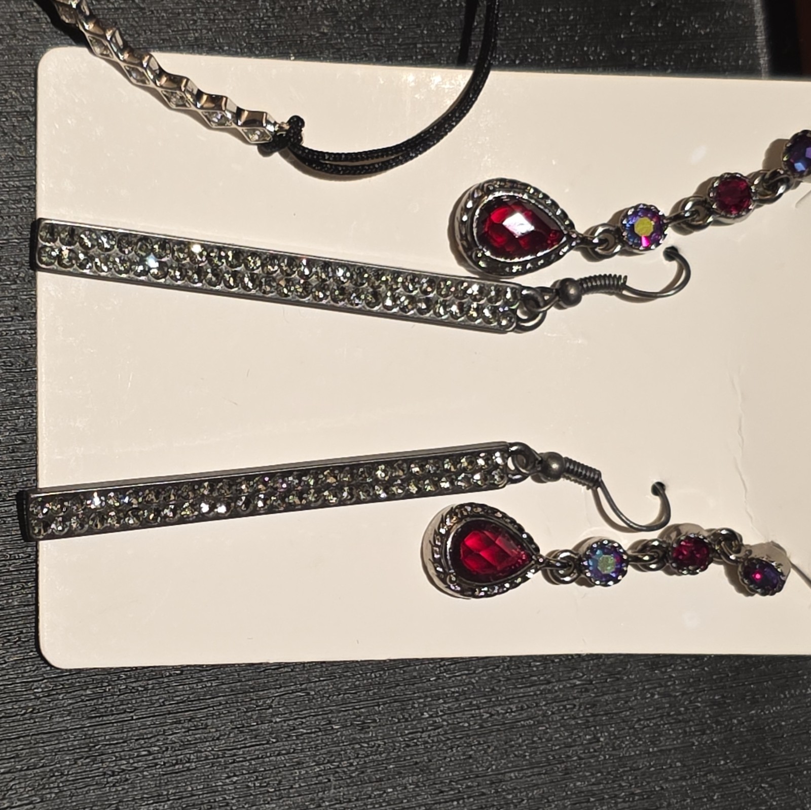 Silver Tone Rhinestone Hook Dangle Earrings Red Teardrop Simulated Stone