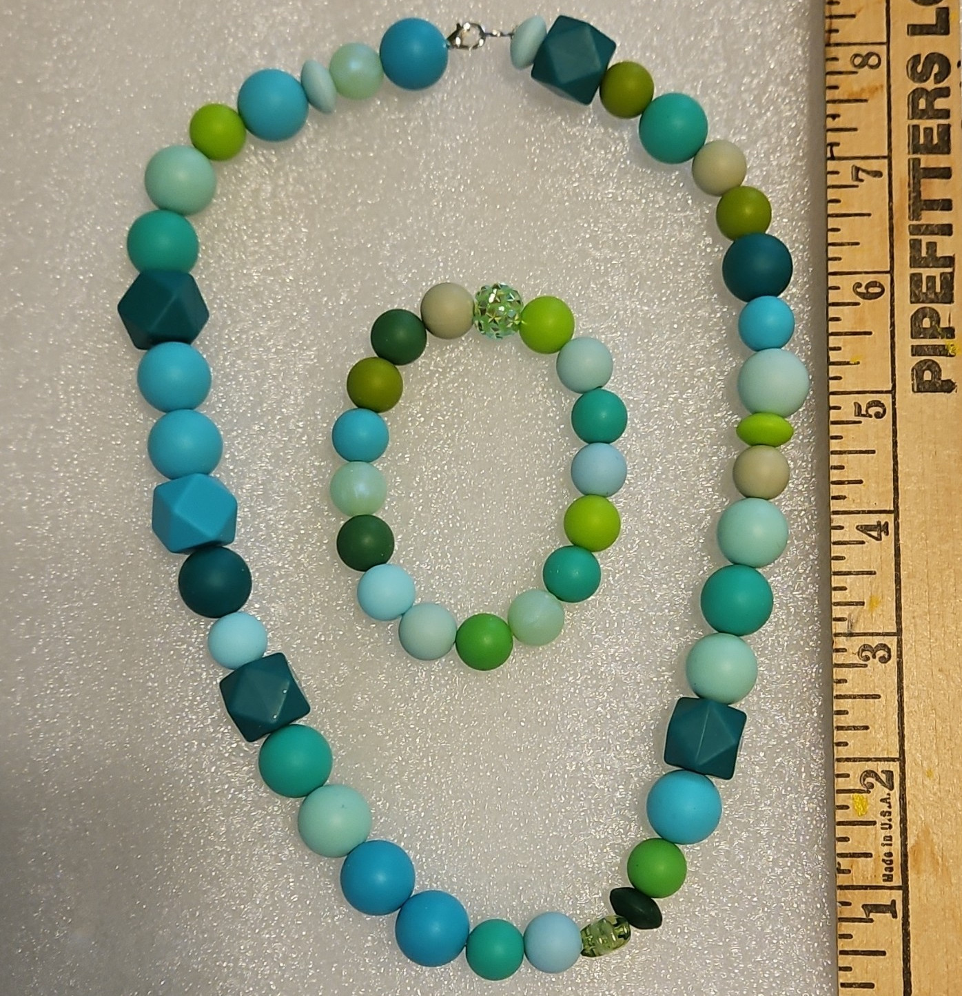 Blue & Green Round Beaded Plastic Jewelry Set – Necklace & Bracelet