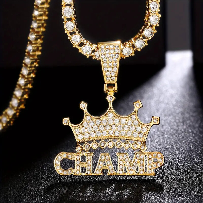 Crown CHAMP Pendant & Iced 1 Row Cubic Zirconia Tennis Chain Hip Hop Necklace