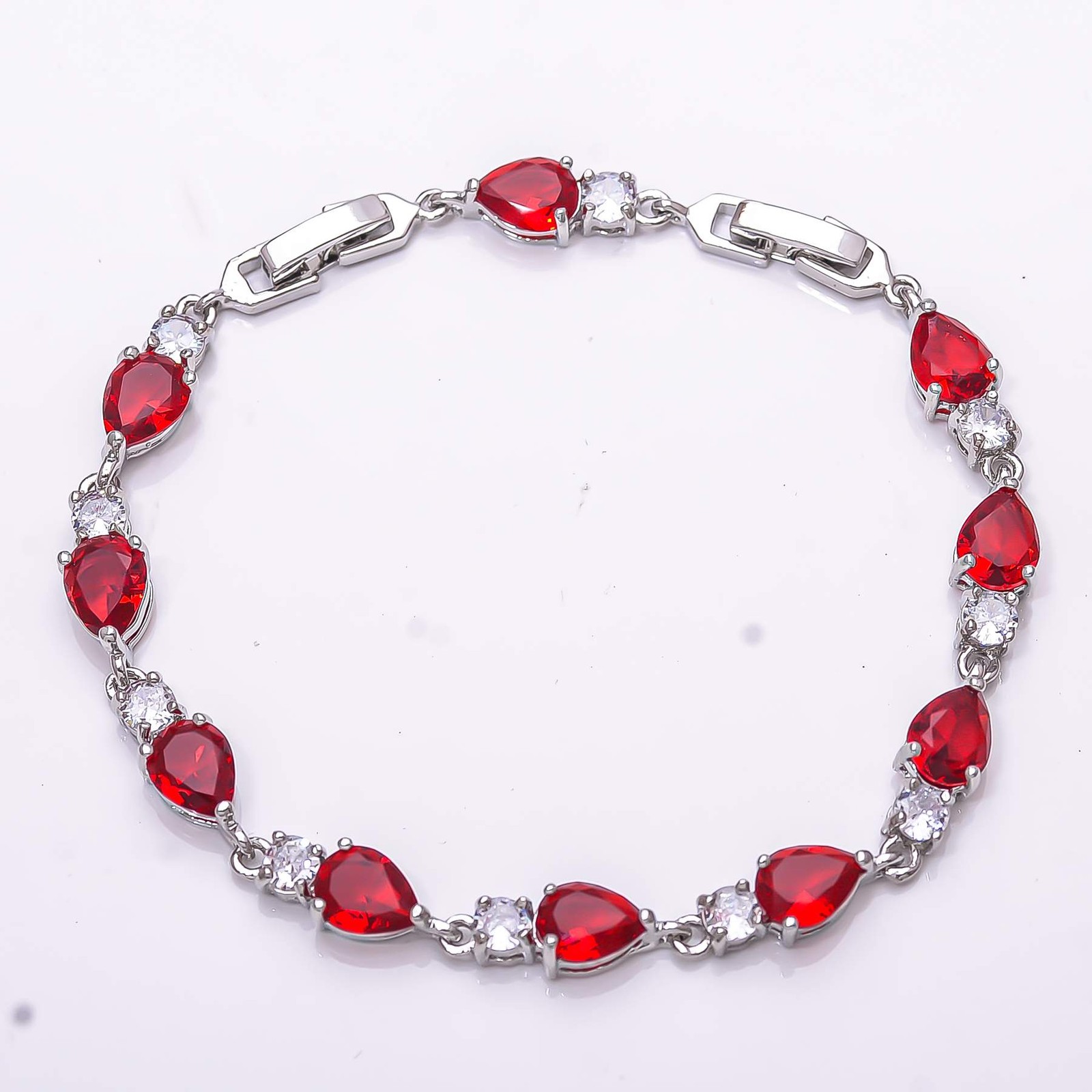 Red Garnet & Cubic Zirconia 925 Sterling Silver Tennis Bracelet 7.99″ B12