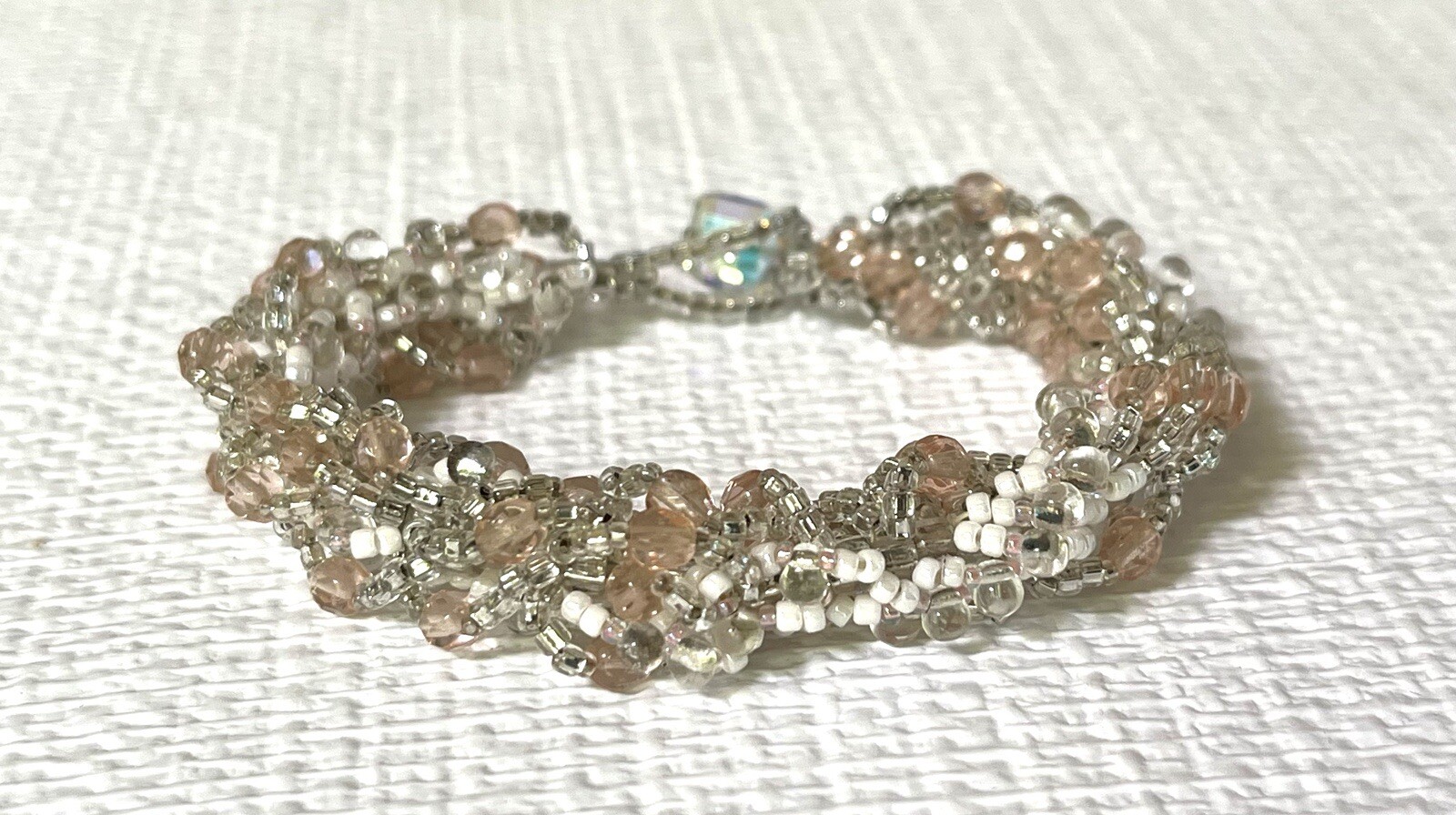Bracelet MultiStrand Seed Bead Torsade 8” Pale Pink White Clear Crystal Closure