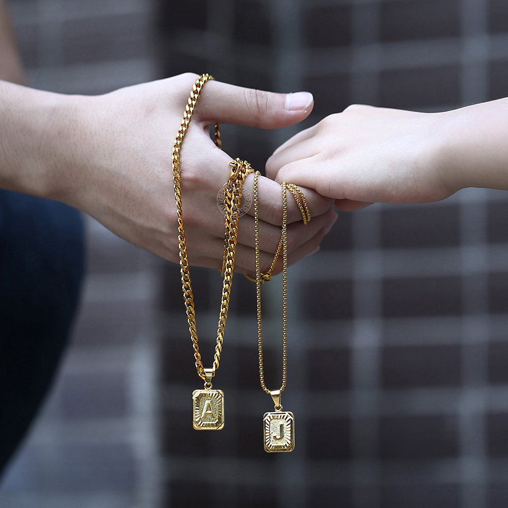 Couple Jewelry Gold Filled Initial Necklace Letter Pendant w/ Box / Curb Chain