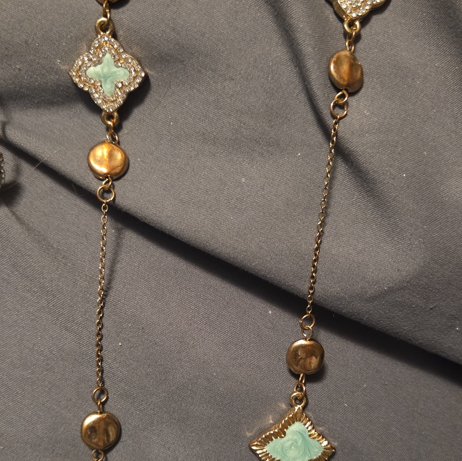 Gold Tone Teal Clover Bracelet &19″ Necklace Jewelry Set with Rhinestone Accents