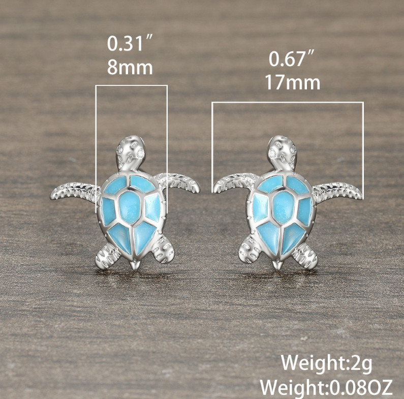 925 Sterling Silver Blue White Opal Sea Turtle Stud Earrings Gift Box PE55