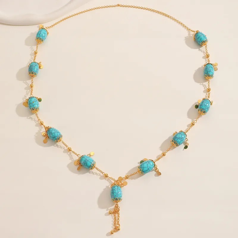 Gold Plated Turquoise Beaded Cable Chain Necklace Oval Blue Stone Tassel