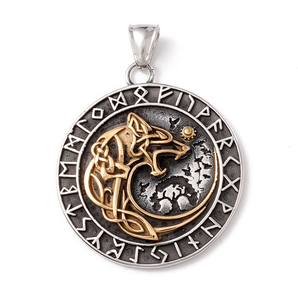 Fenrir Necklace Garmr Dire Wolf Hellhound Yggdrasil Runes Pendant Stainless