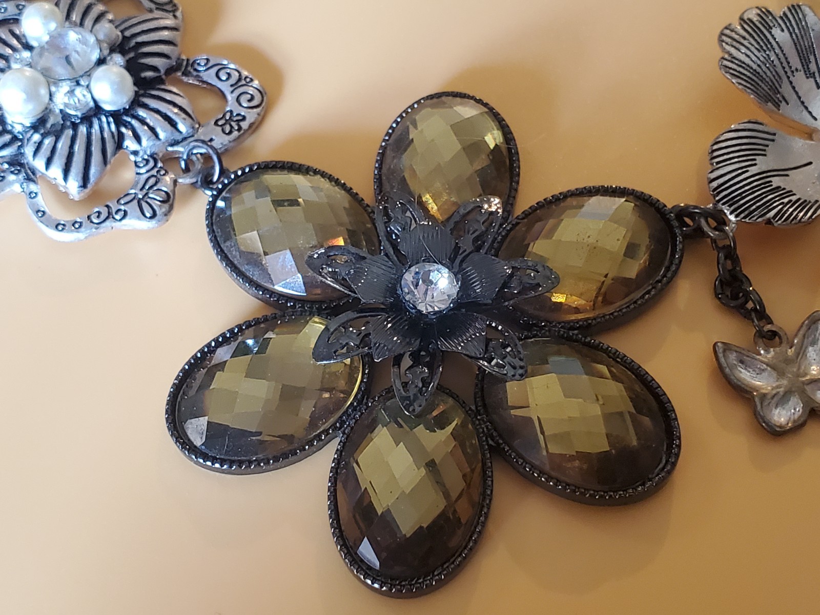 Park Lane Statement Necklace Crystal Pearl Flowers Leaves Butterfly Black Chain