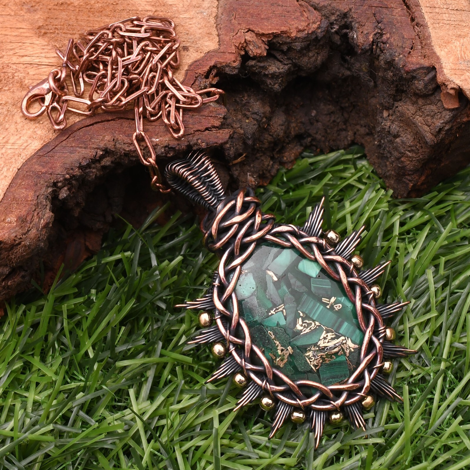 Copper Malachite Gemstone Copper Wire Wrap Handmade Jewelry Pendant 2.28″