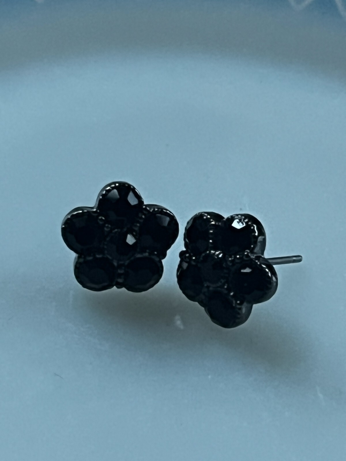 Small Black Rhinestone Flower SIlvertone Post Earrings for Pierced Ears – 3/8th’