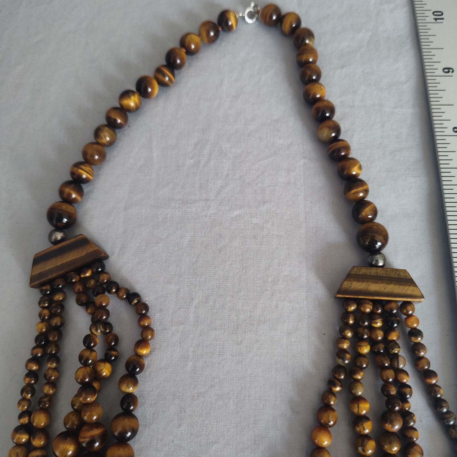 Tigers Eye Multi Strand Bib Statement Necklace Graduated Beaded Brown Gemstone