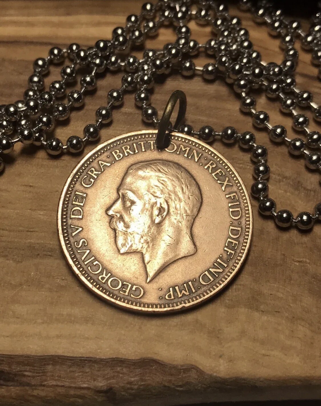 1929 UK halfpenny Great Britain Coin Pendant With Chain. 93 Year Old Coin!