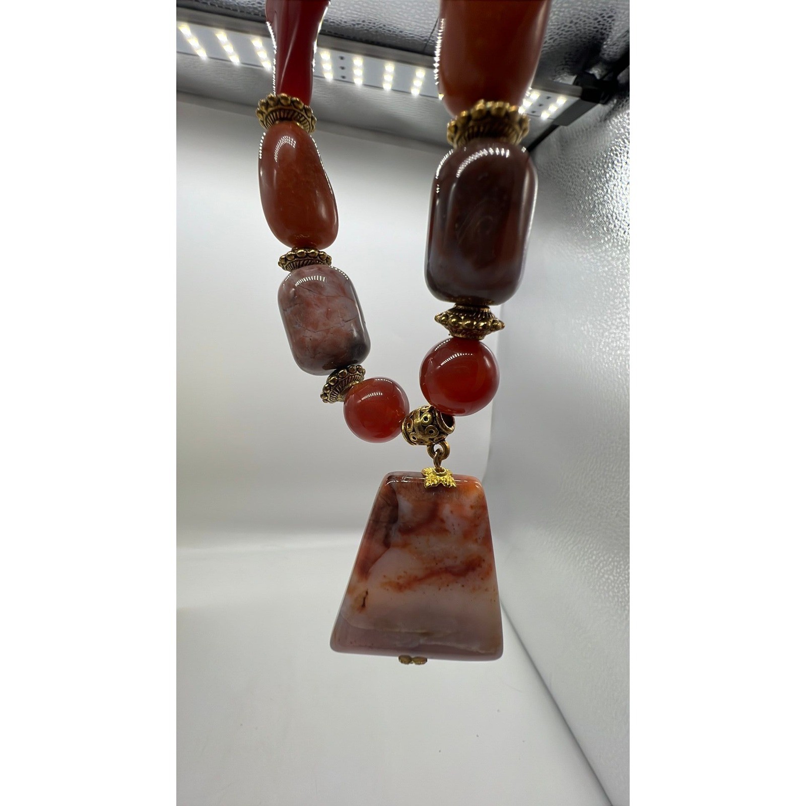 Mixed Agate Carnelian Stone Pendant Statement Necklace Boho Earthy Red Gold 19in