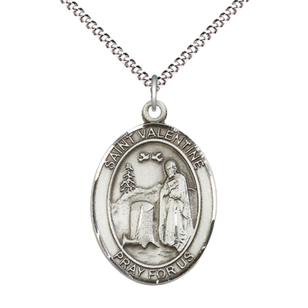 Sterling Silver Saint Valentine of Rome Medal 18″ Lobster Claw Chain Necklace