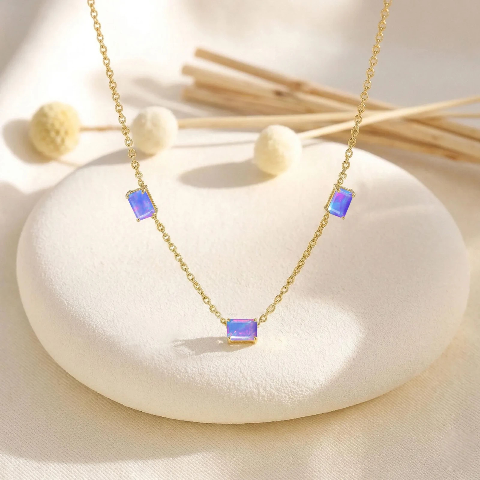 AAA Lavender Fire Opal Necklace Gold, Octagon Opal Station Necklace