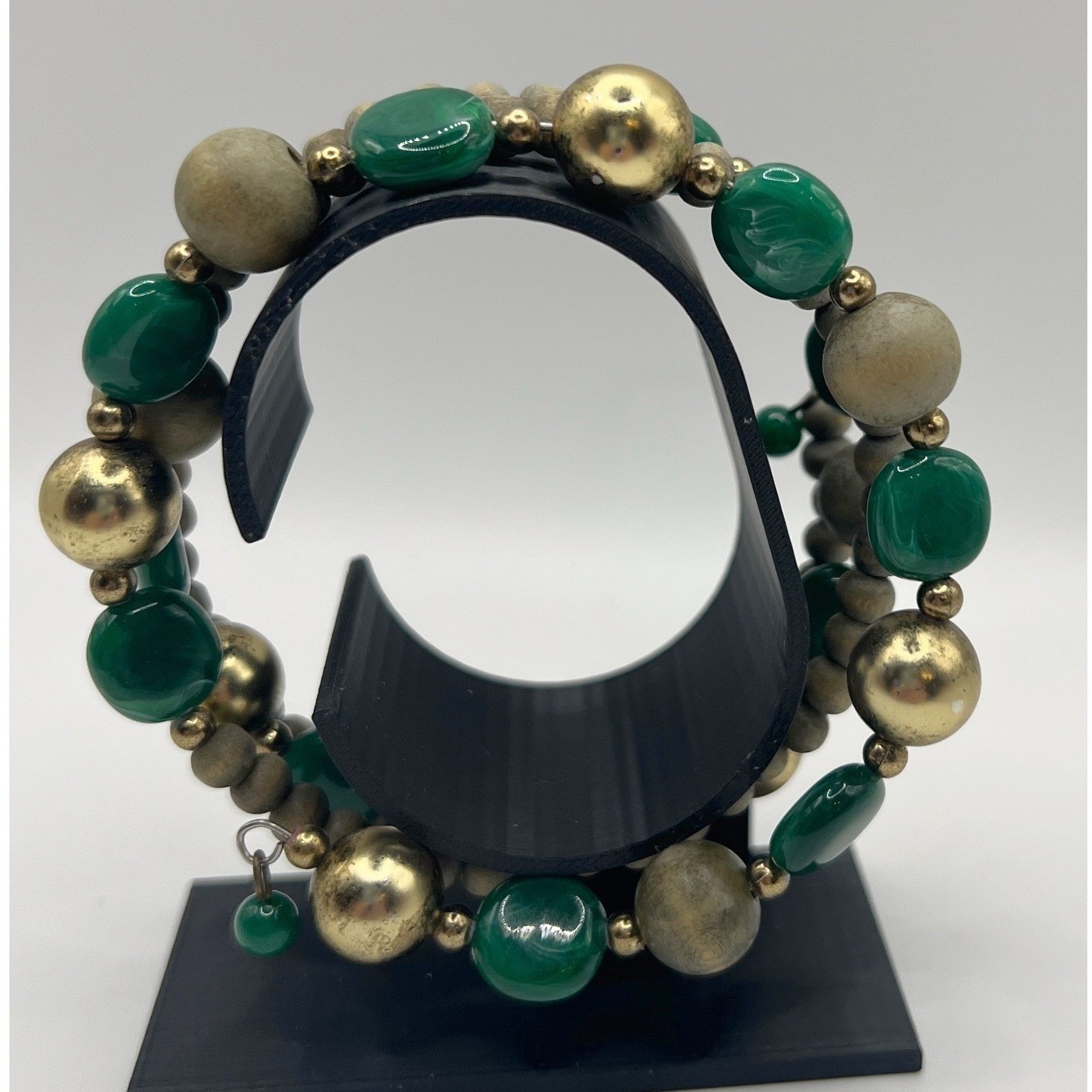 Green & Gold Beaded Memory Wire Bracelet Boho Statement Jewelry