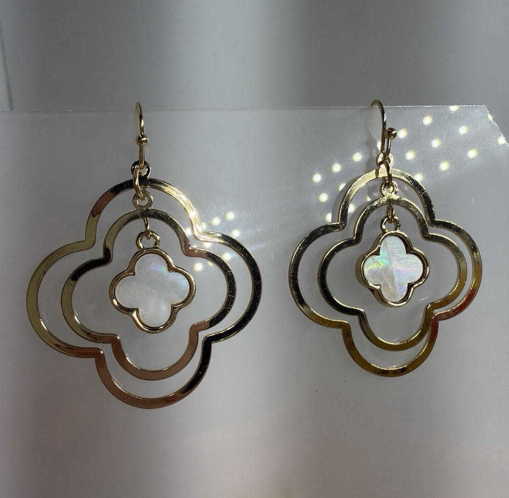 Gold Tone Mother of Pearl Dangle Drop Hook Earrings