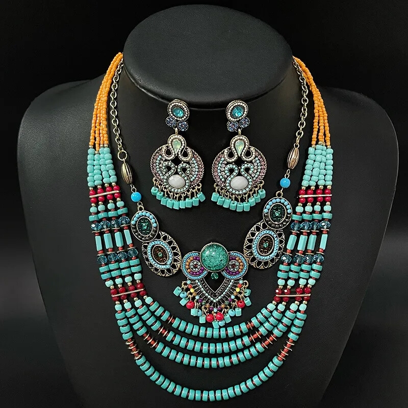Retro Exotic Ethnic Bohemian Necklace Earrings Set Female Owl Bead String