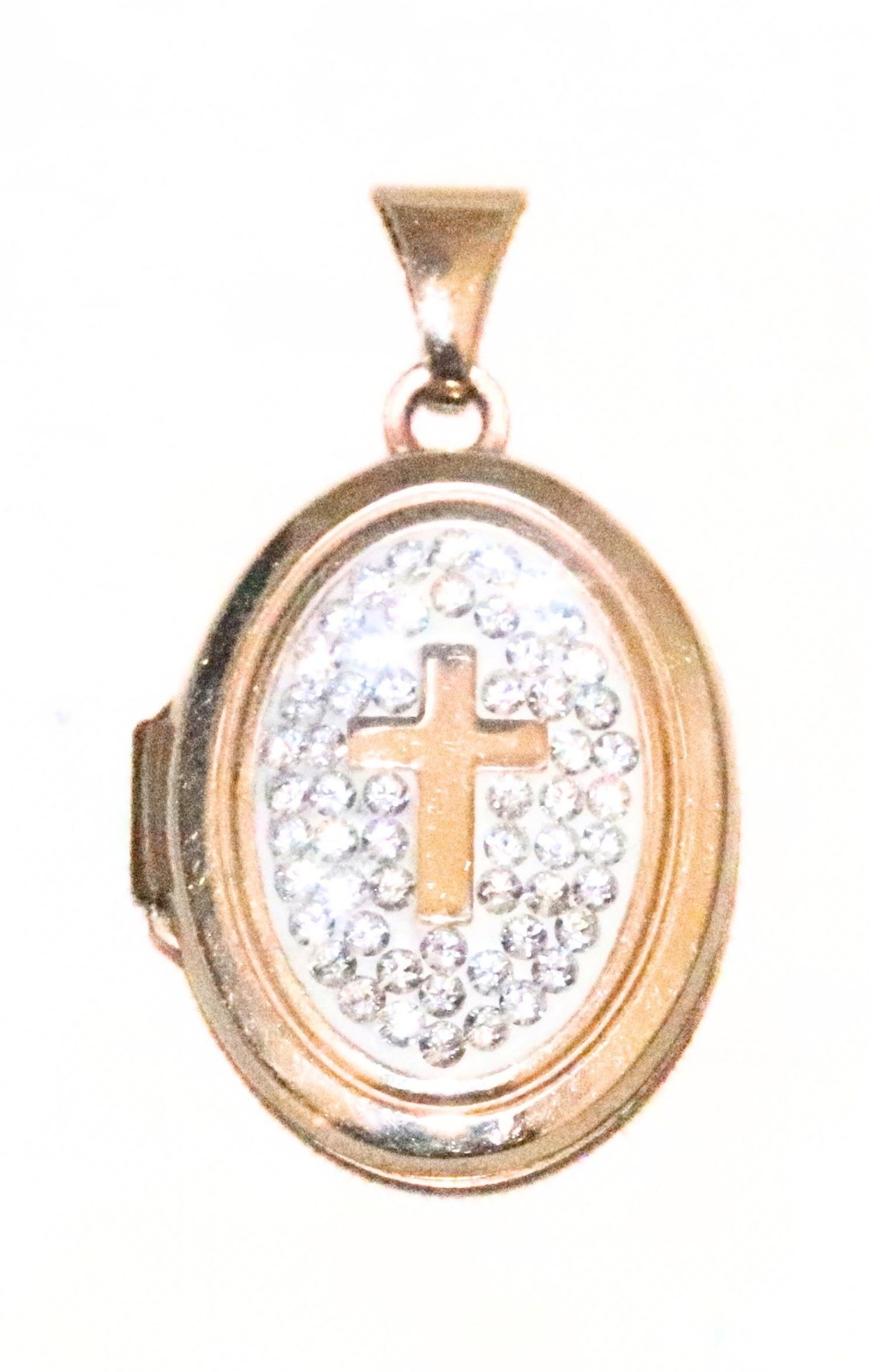 14K Gold Cross Cubic Zirconia Oval Locket Pendant
