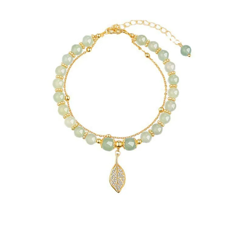 Chinese Green Hetian Jade Bracelet Retro Gold Leaf Beaded Bracelet Jewelry