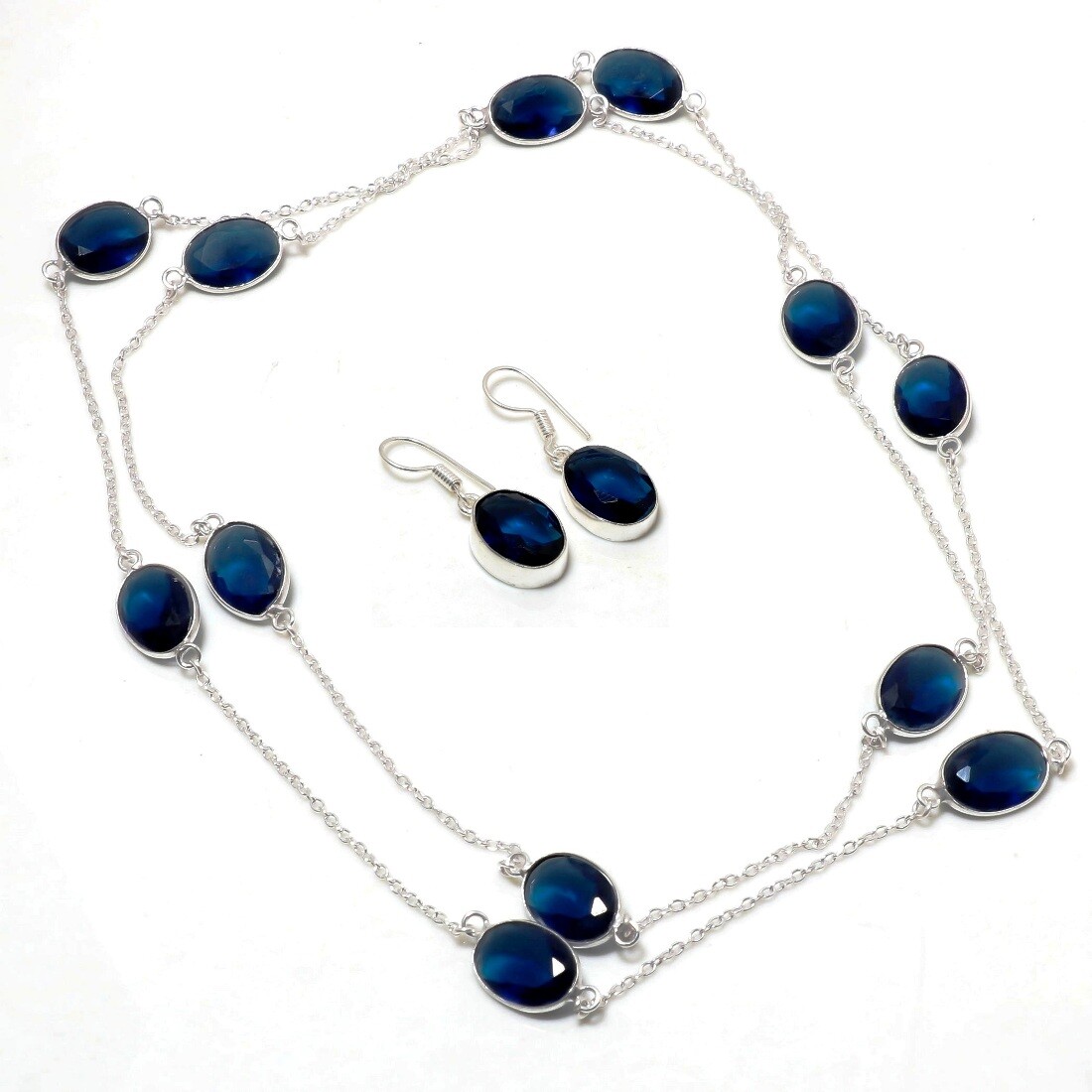 Iolite Oval Shape Gemstone Handmade Antique Design Decent Jewelry Chain+Earrings