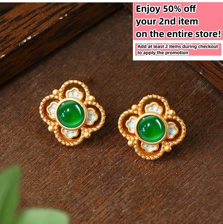 Jade Four-Leaf Clover Stud Earrings Minimalist Bamboo 18K Gold Plated Gemstone