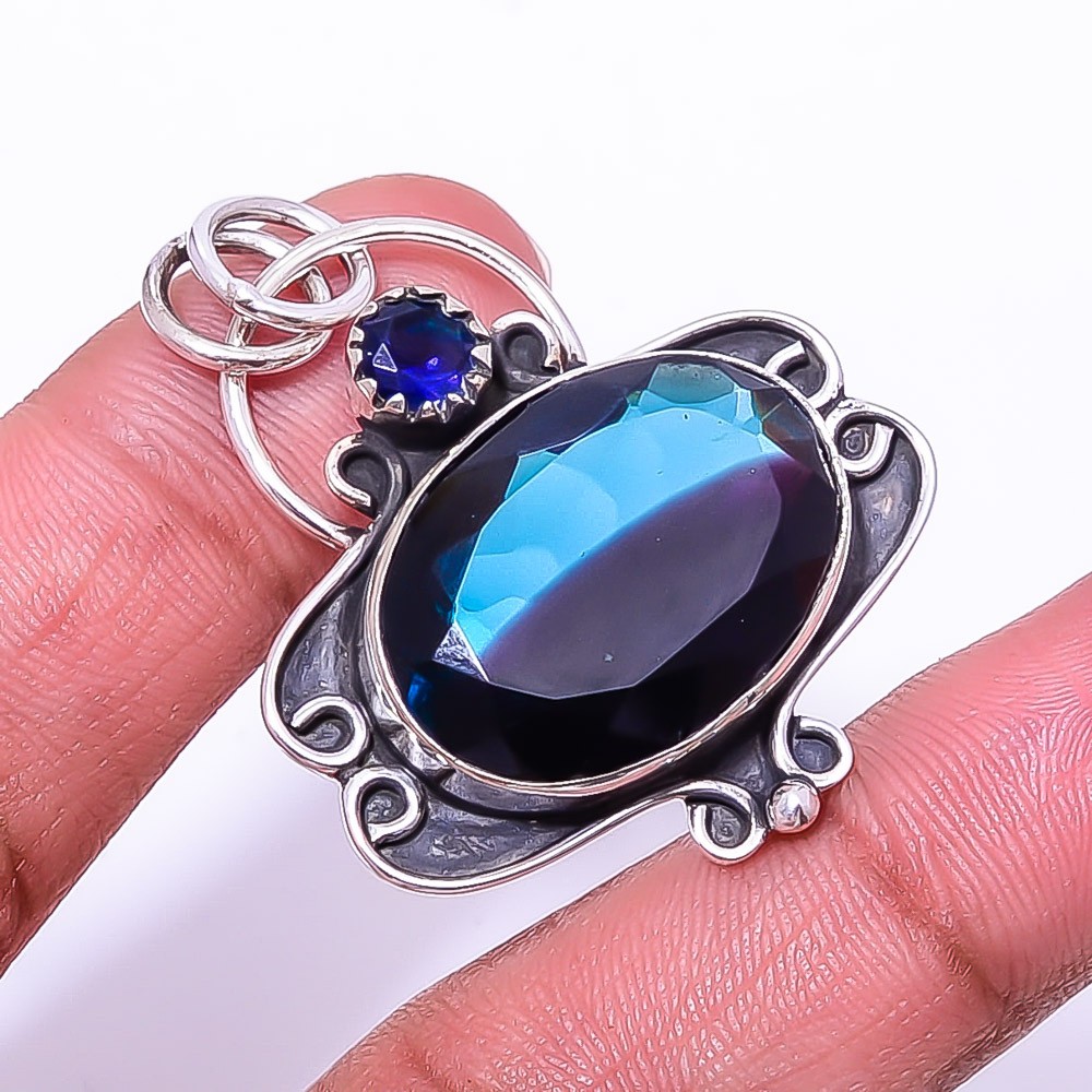 Bi-Colour Tourmaline & Blue Sapphire Simulated 925 Silver Pendant 1.64″ P64