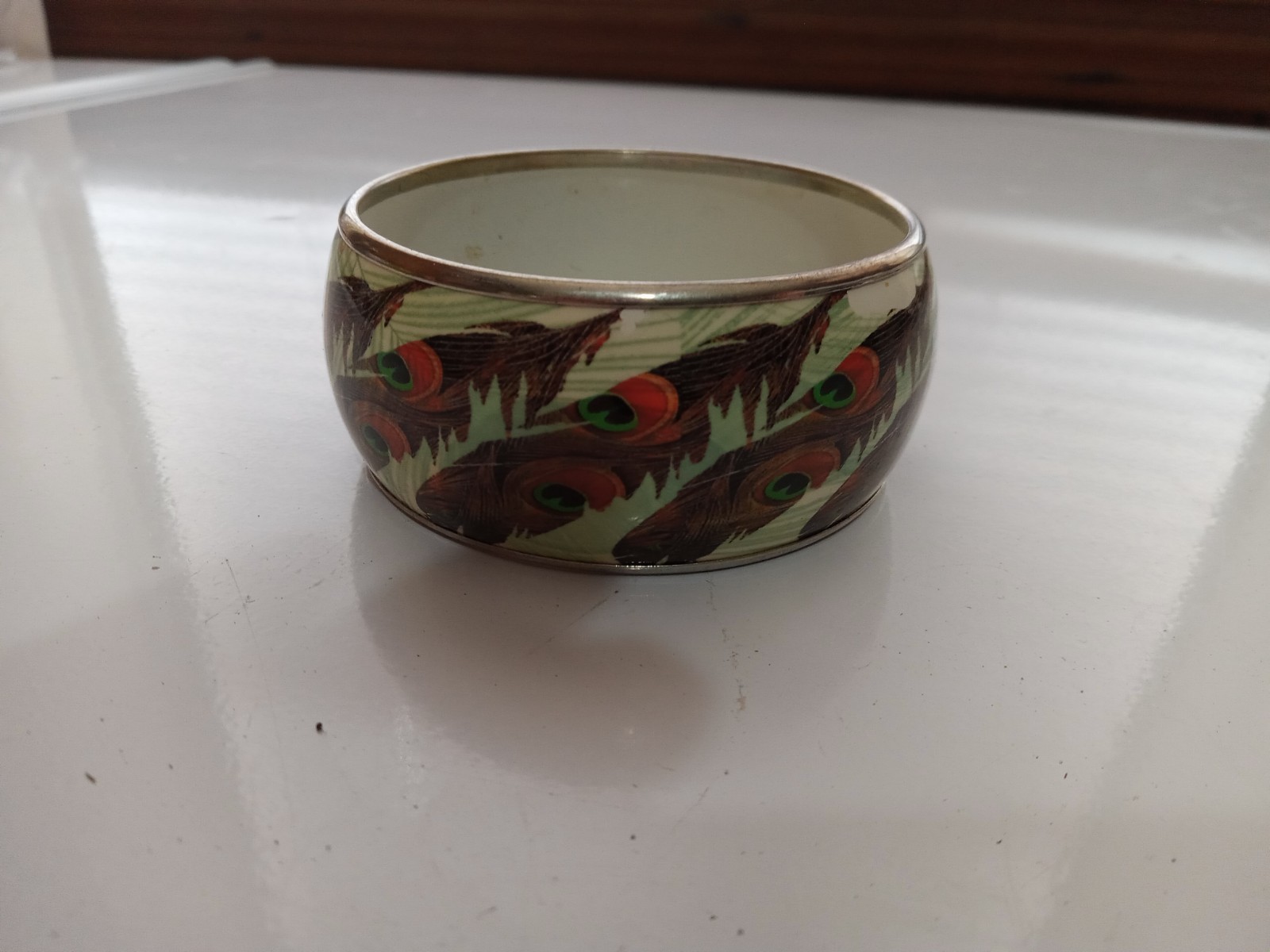 Peacock Feather Print Multicolor Slip-On Wide Bangle Bracelet, No Stone