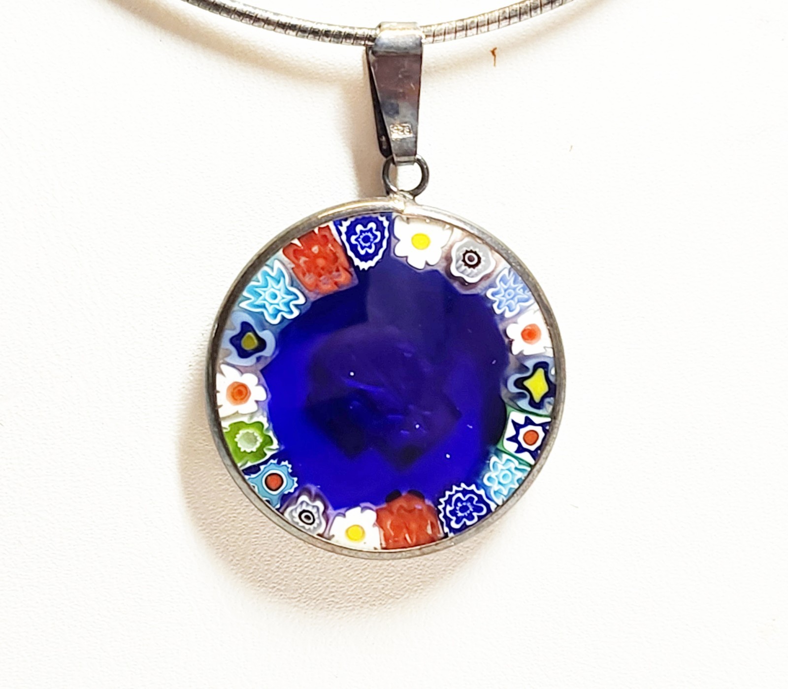 925 Sterling Silver Encased Millefiori Glass Pendant Necklace w/ Silver Emblem