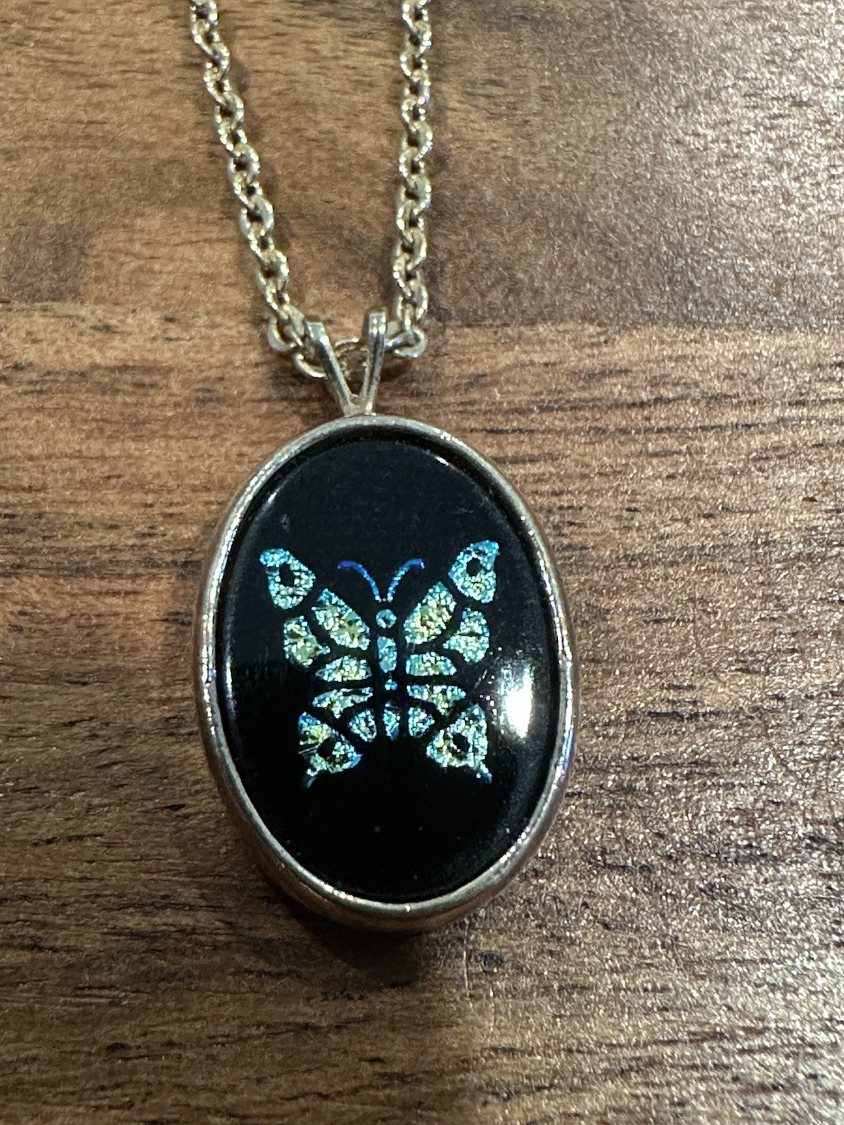 Vintage Avon Oval Butterfly Pendant Necklace Blue Crystal Black