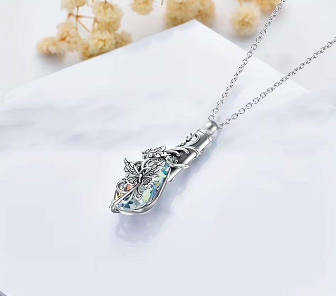 Cremation Jewelry Cylinder Urn Butterfly Stainless Necklace Pendant for Ashes