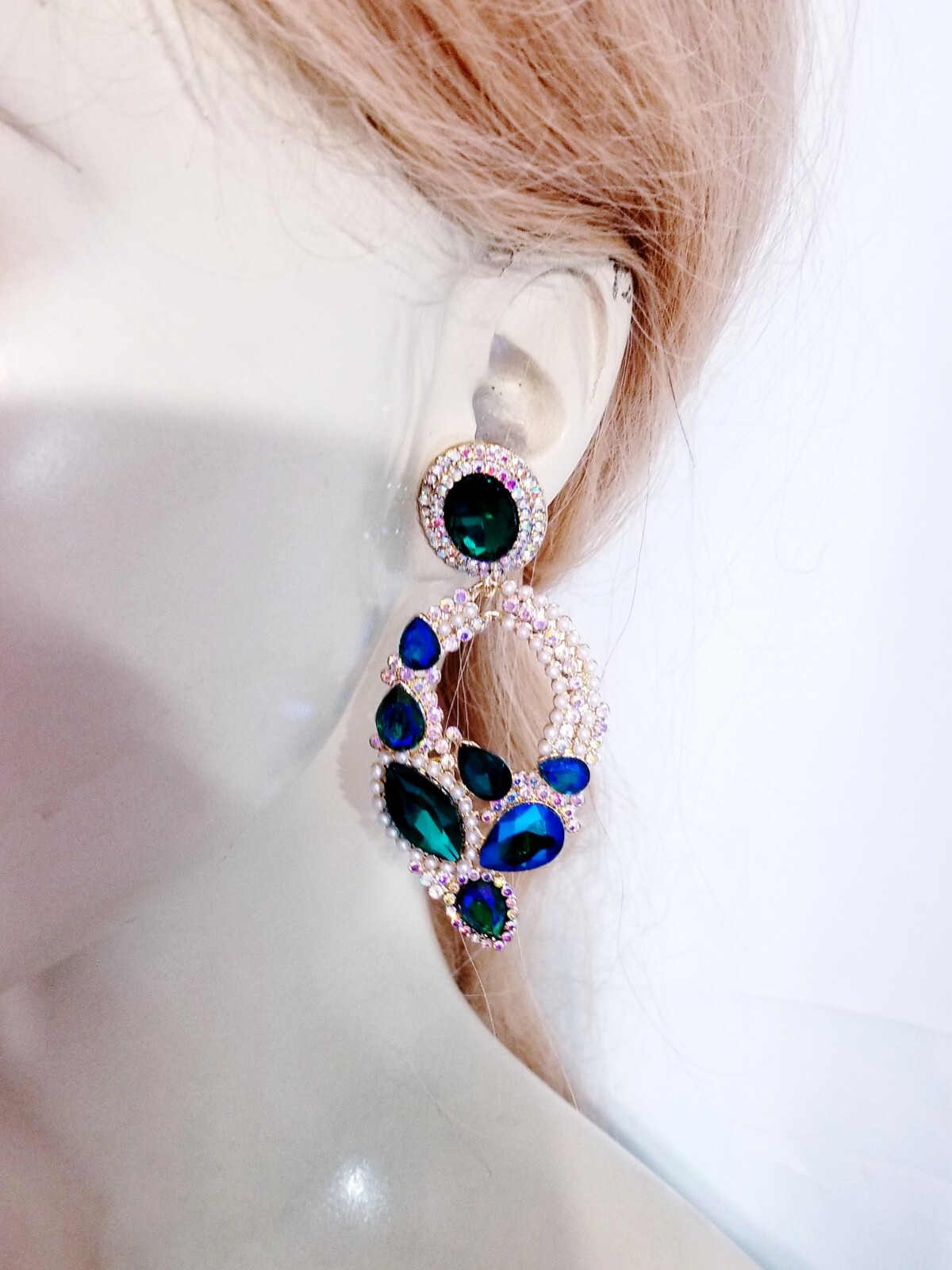 Chandelier Rhinestone Crystal Pageant Bridal Earrings Blue Drop Dangle 3.2 Inch