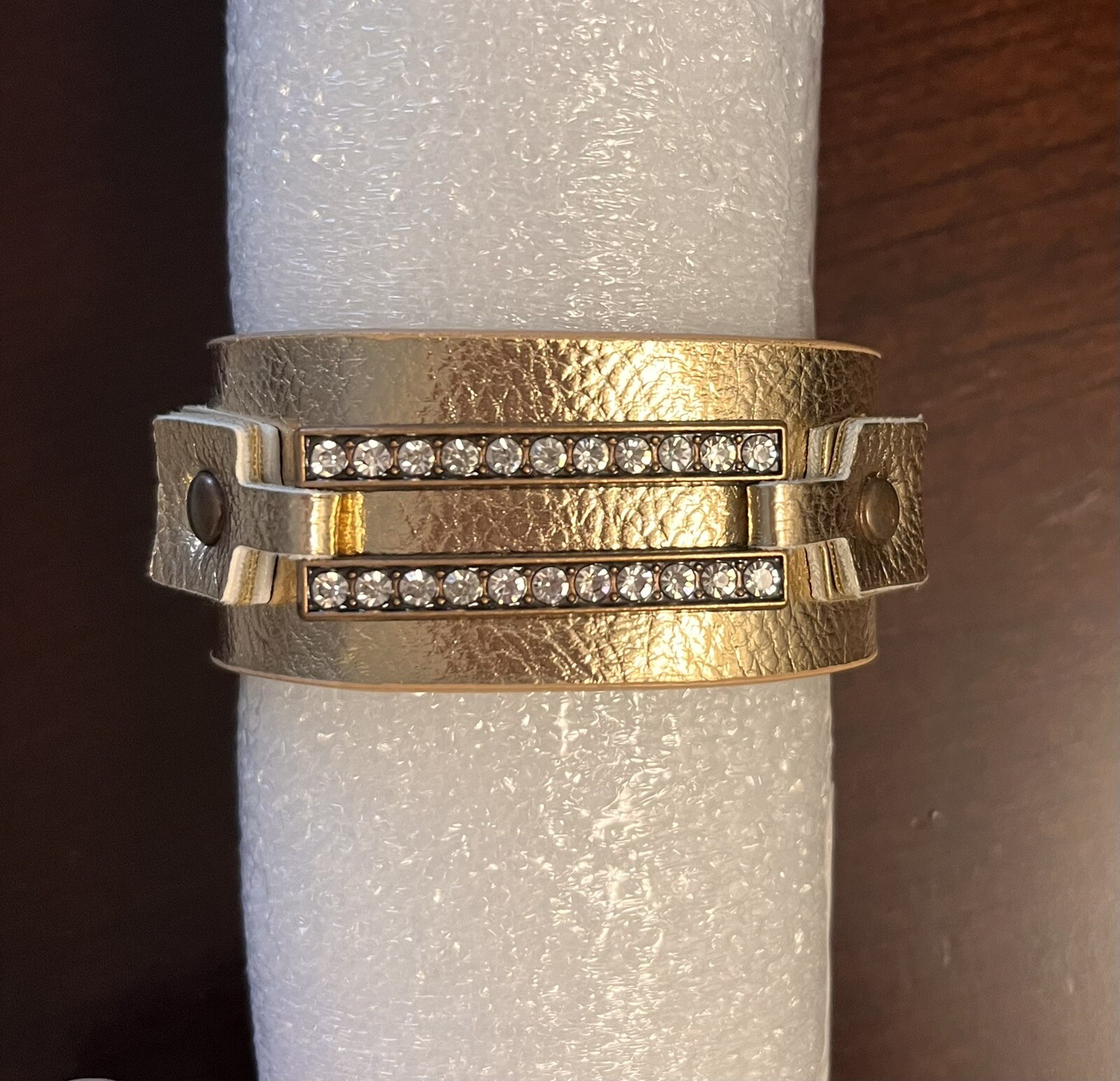 New Women’s Bracelet Gold And Rhinestone Vegan Leather Adjustable Wide Bracelet