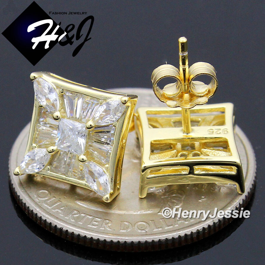 MEN 925 STERLING SILVER ICY CUBIC ZIRCONIA 10MM 3D GOLD PALTED STUD EARRING*G221